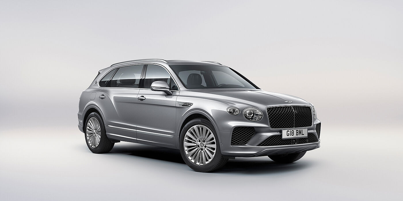 Bentley Hatfield Bentley Bentayga Extended Wheelbase luxury SUV front three quarter view in Moonbeam paint with 21 inch five spoke painted wheels