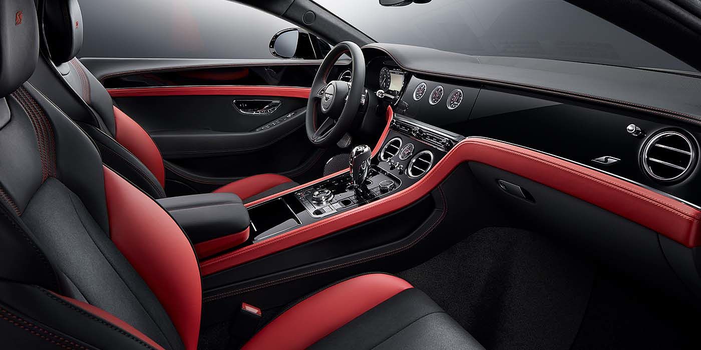 Bentley Hatfield Bentley Continental GT S coupe front interior in Beluga black and Hotspur red hide with high gloss Carbon Fibre veneer