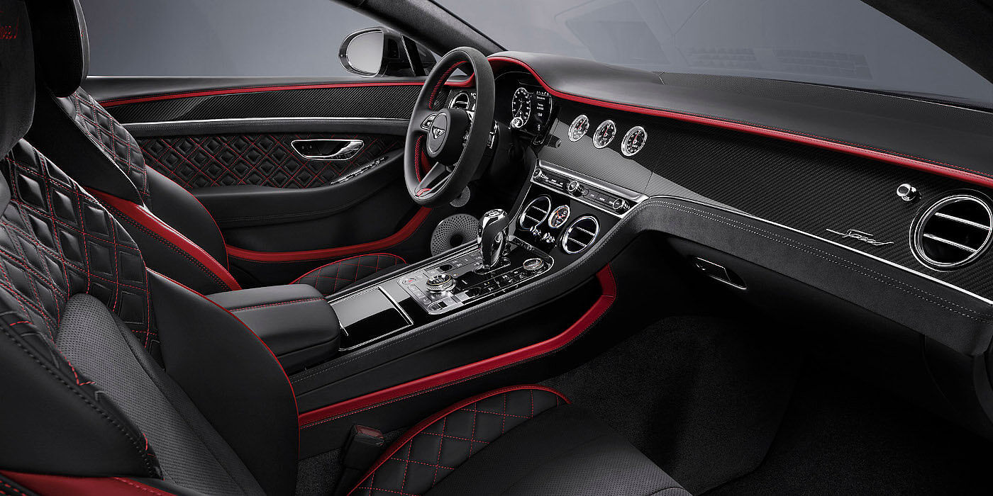 Bentley Hatfield Bentley Continental GT Speed coupe front interior in Beluga black and Hotspur red hide