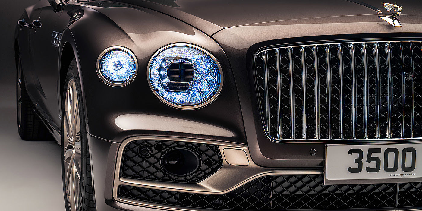 Bentley Hatfield Bentley Flying Spur Odyssean sedan front grille and illuminated led lamps with Brodgar brown paint