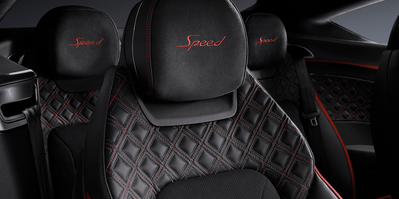 Bentley Hatfield Bentley Continental GT Speed coupe seat close up in Beluga black and Hotspur red hide