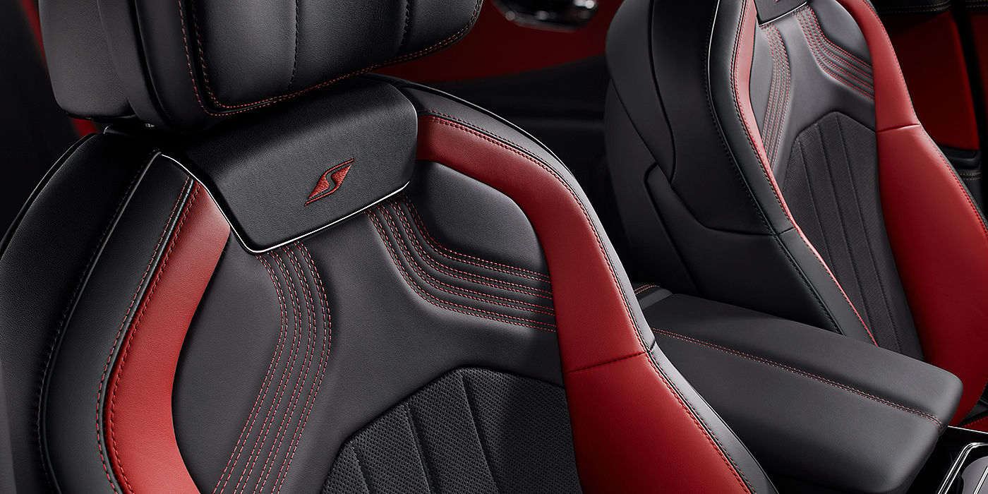 Bentley Hatfield Bentley Flying Spur S seat in Beluga black and hotspur red hide with S emblem stitching