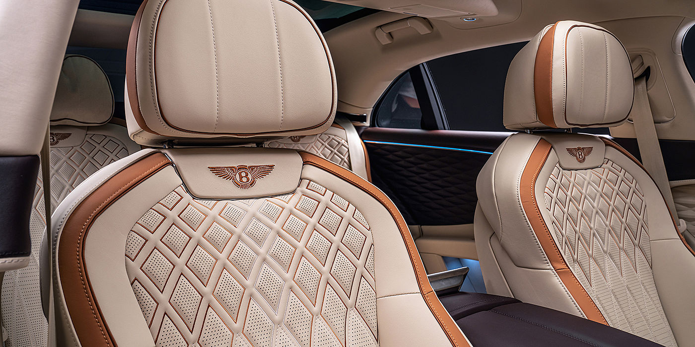 Bentley Hatfield Bentley Flying Spur Odyssean sedan rear seat detail with Diamond quilting and Linen and Burnt Oak hides