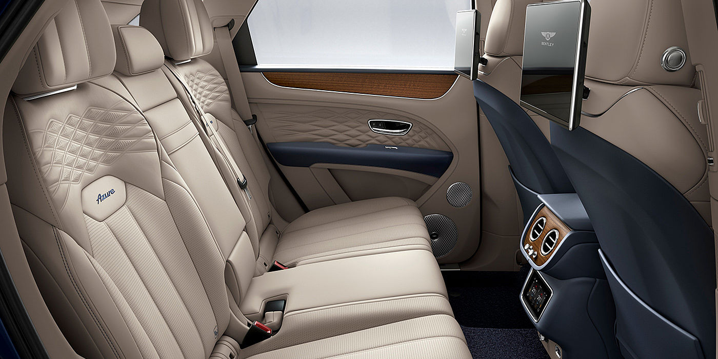 Bentley Hatfield Bentey Bentayga Azure interior view for rear passengers with Portland hide and Rear Seat Entertainment. 