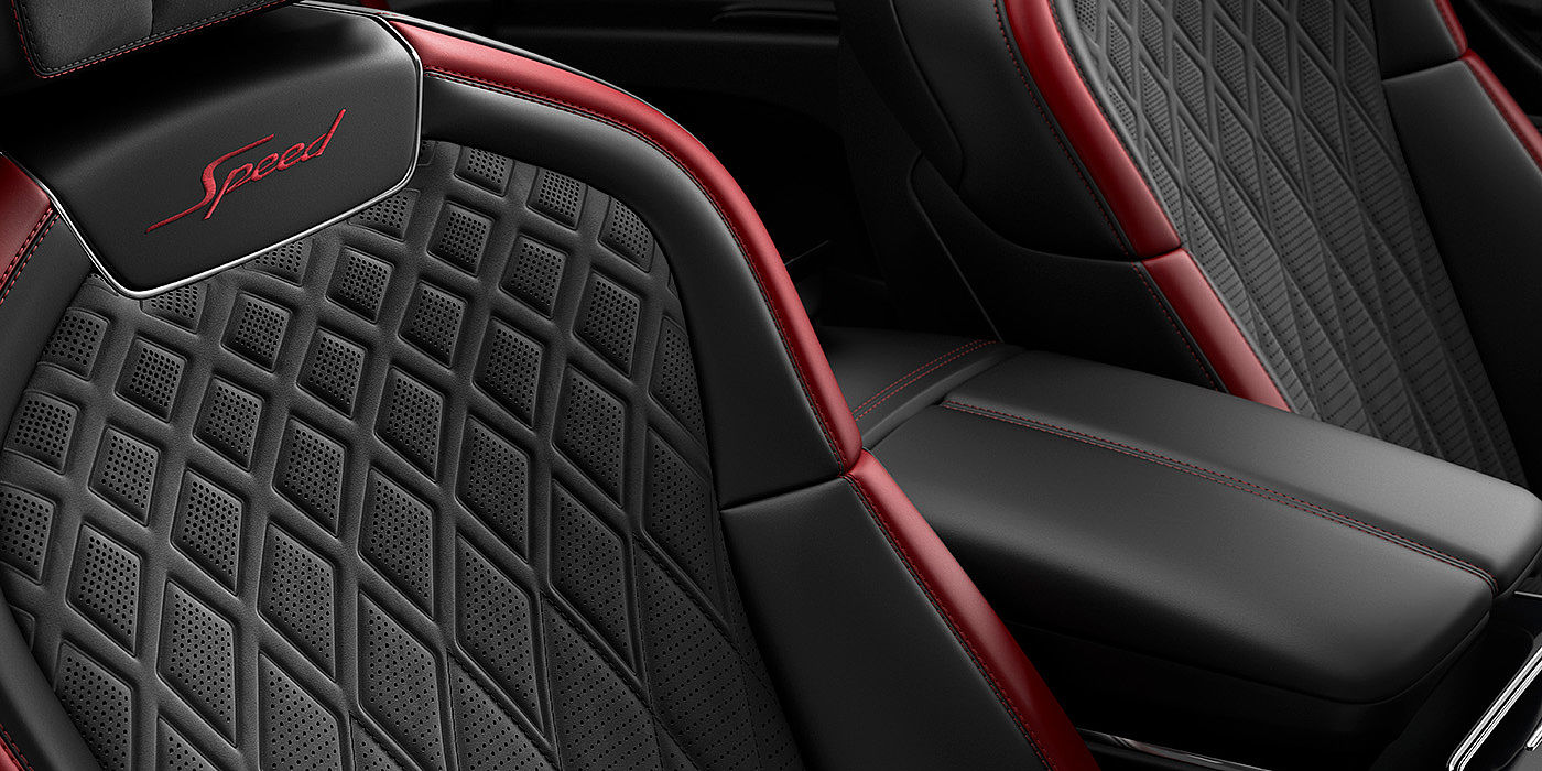 Bentley Hatfield Bentley Flying Spur Speed sedan seat stitching detail in Beluga black and Cricket Ball red hide