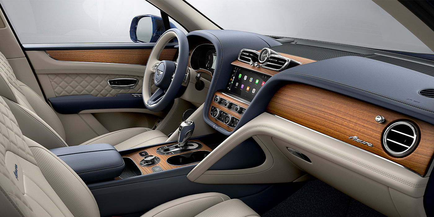 Bentley Hatfield Bentley Bentayga Azure SUV front interior in Imperial Blue and Linen hide