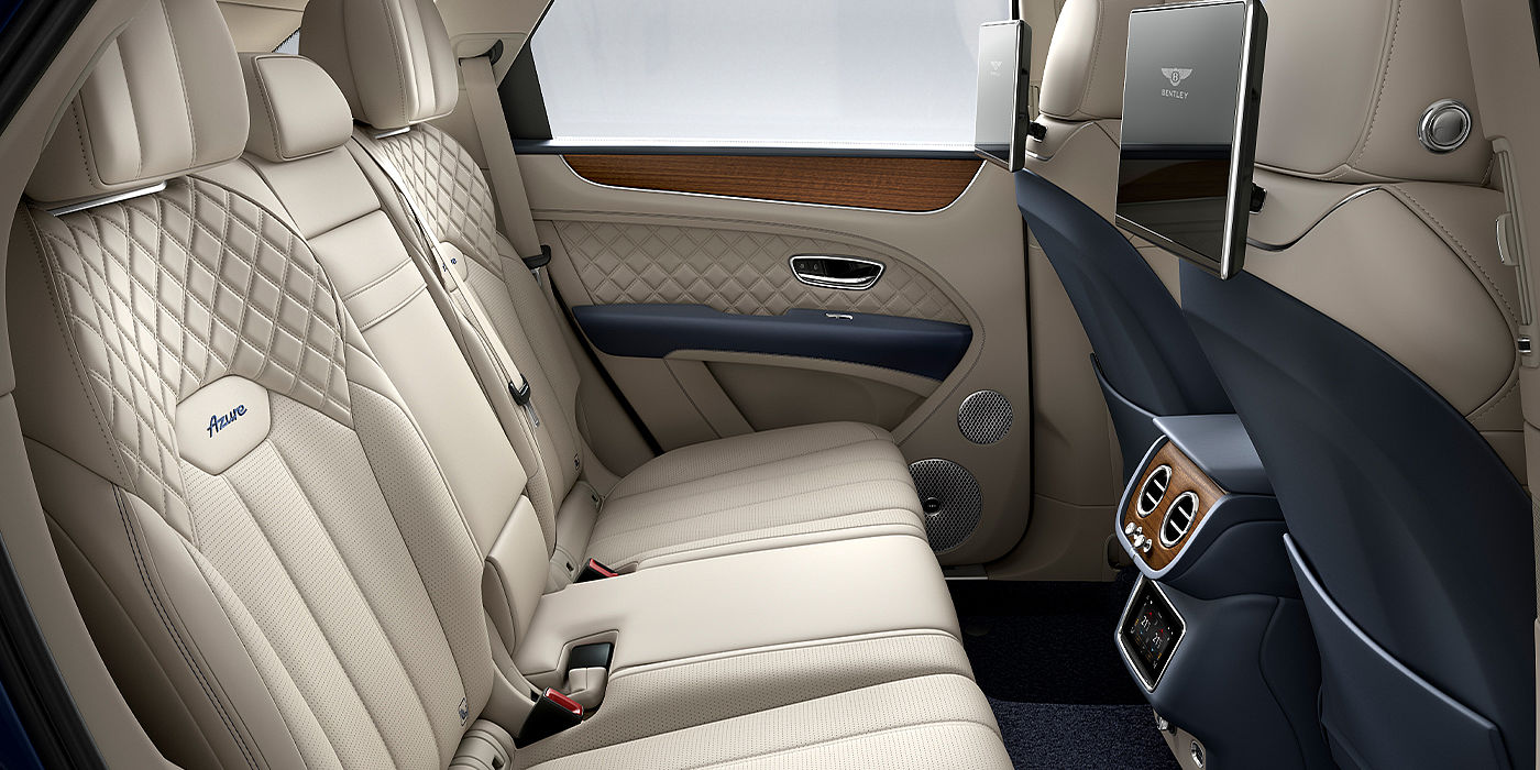 Bentley Hatfield Bentley Bentayga Azure SUV rear interior in Imperial Blue and Linen hide