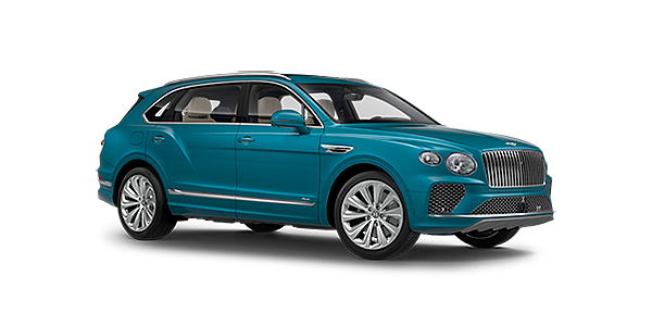 Bentley Hatfield Bentley Bentayga EWB Azure front side angled view in Topaz blue coloured exterior. 