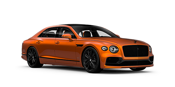 Bentley Hatfield Bentley Flying Spur Speed front side angled view in Orange Flame coloured exterior. 