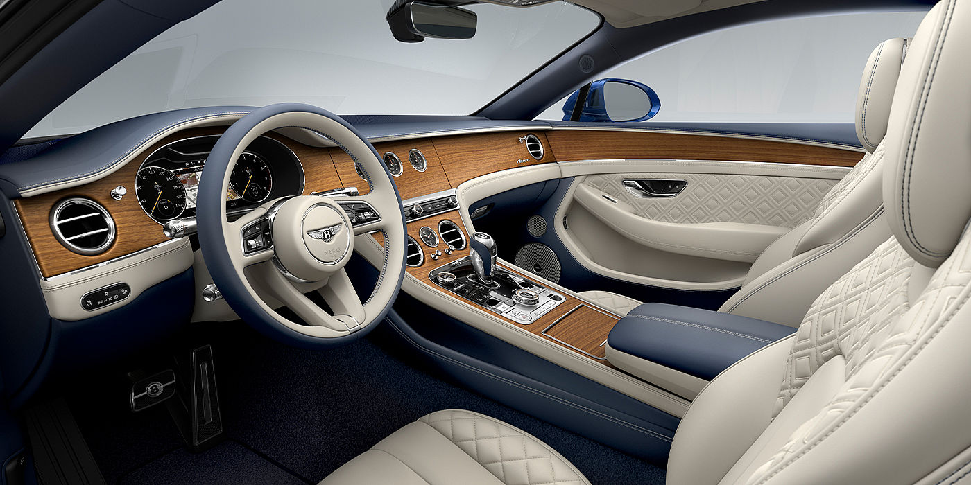 Bentley Hatfield Bentley Continental GT Azure coupe front interior in Imperial Blue and linen hide