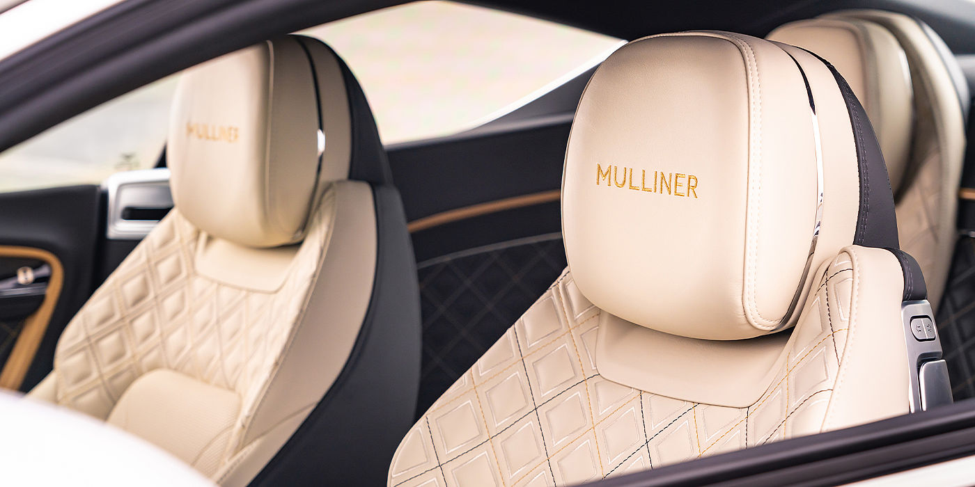 Bentley Hatfield Bentley Continental GT Mulliner coupe seat detail in Beluga black and Linen hide