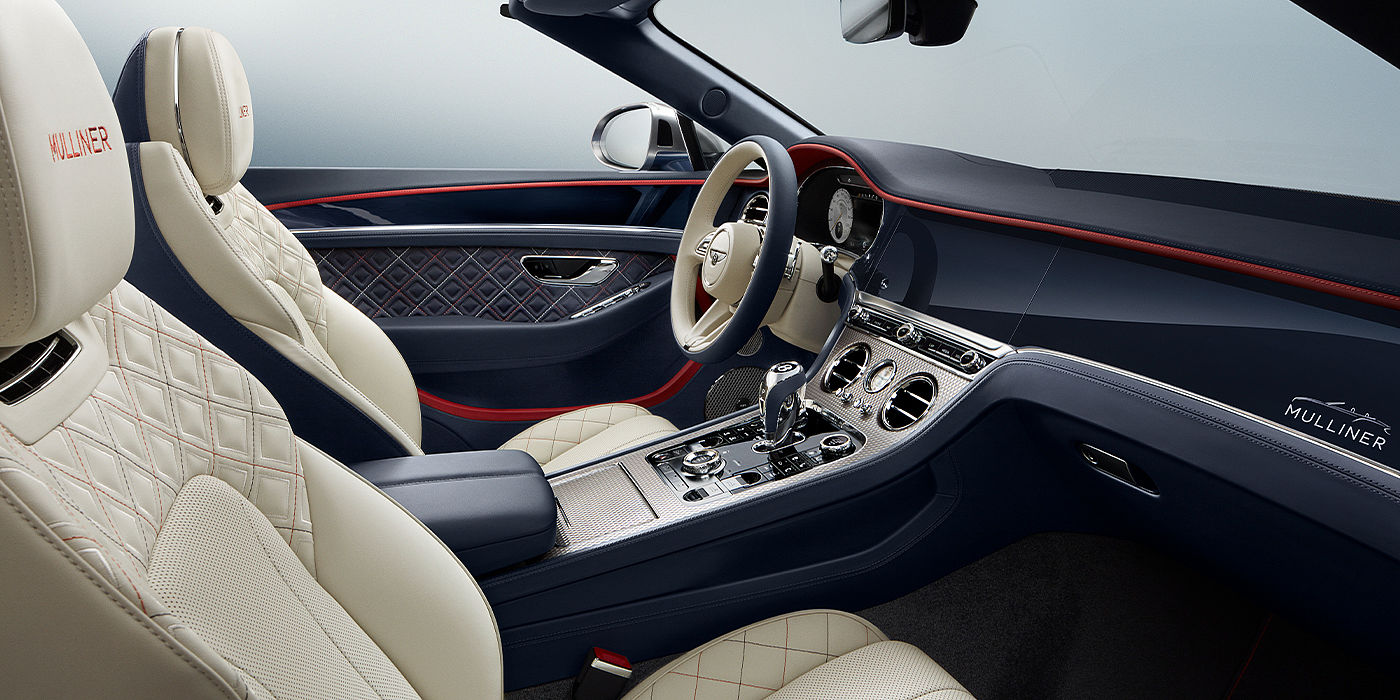 Bentley Hatfield Bentley Continental GTC Mulliner convertible front interior in Imperial Blue and Linen hide