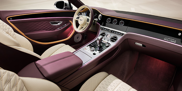 Bentley Hatfield Bentley Continental GTC Mulliner convertible front interior including Linen and Damson purple hides and Grand Black veneer