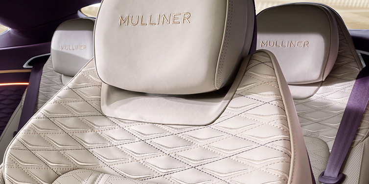 Bentley Hatfield Bentley Continental GT Mulliner coupe seat detail in Linen leather with Mulliner Diamond in Diamond quilting and Mulliner embroidered seat emblem